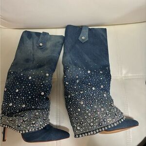 Azalea Wang Embellished Denim Knee-High Boots
